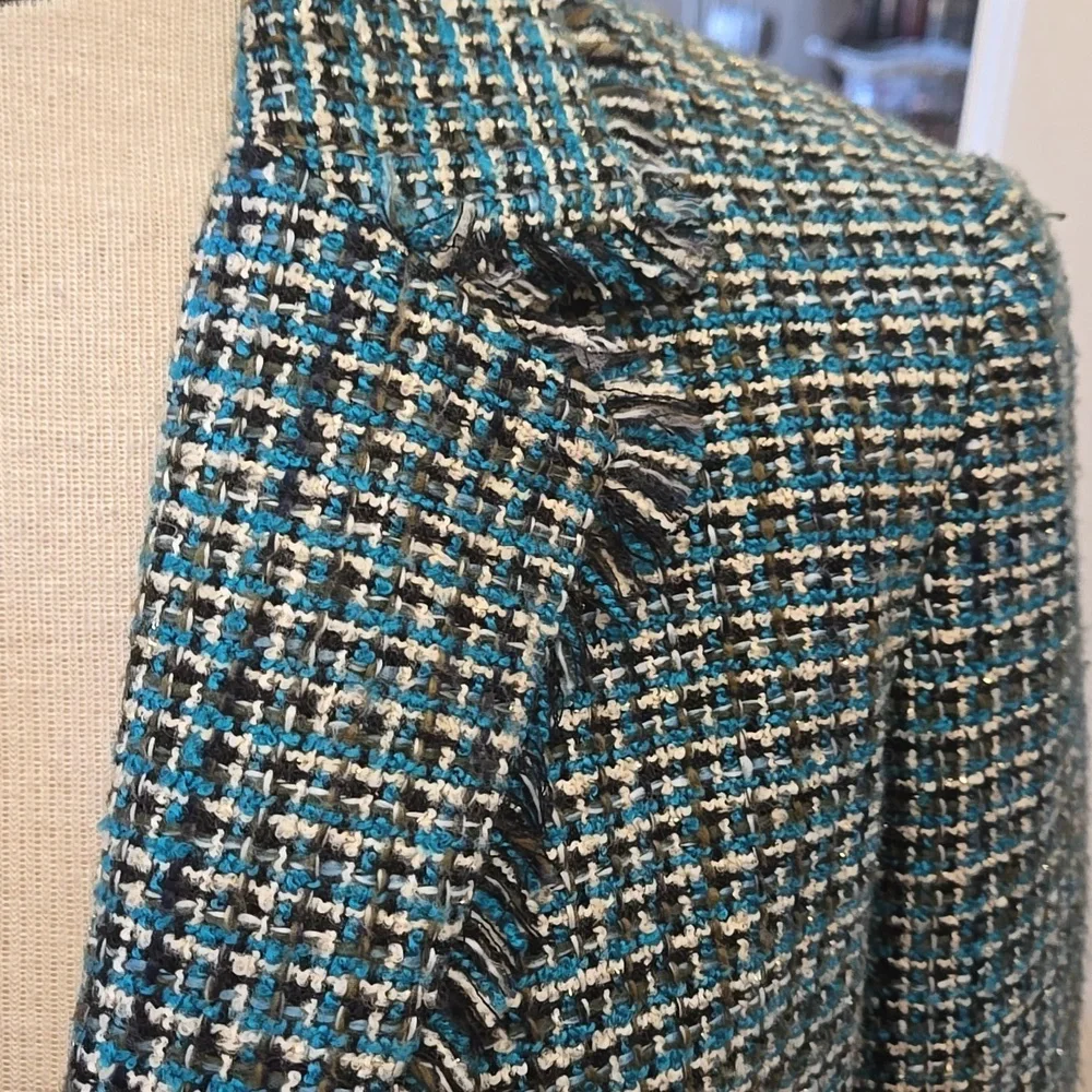 Liz Claiborne Teal Black Gray White Tweed Blazer Fringe Fully Lined 2 Pocket 12